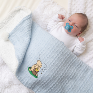 Cable Knit Wrap Blanket with Bear & Poms - Sky Blue