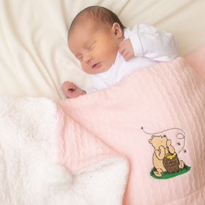 Cable Knit Wrap Blanket with Bear & Poms - Baby Pink