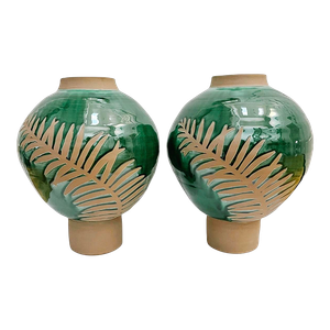Contemporary Emerald Green Fern Terracotta Vases - a Pair
