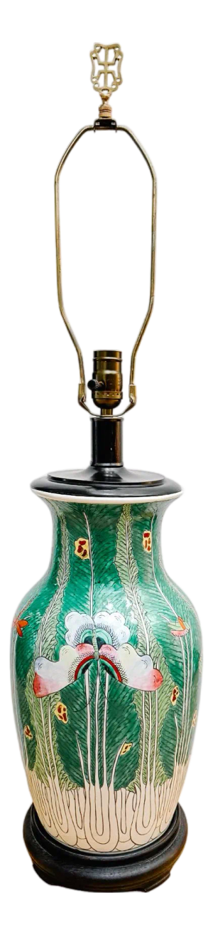 Vintage Chinese Famille Verte Bok Choy Table Lamp With Longevity Finial