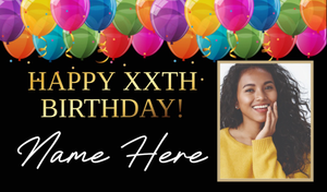 Personalised Birthday Backdrop Banner - Black &amp; Bright Balloons- Custom Text &amp; 1 Photo