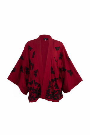 Wine Kimono With Black Embroidered Butterflies Kimono (one size)