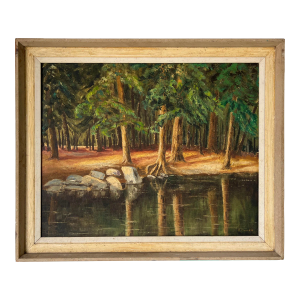 1960s R. Mohler Woodland Lake Landscape Oil Impasto Painting, Framed