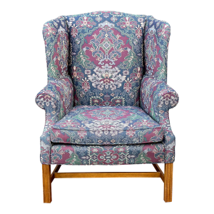 Vintage Wesley Hall Block Leg Chippendale Style Tapestry Wingback Lounge Chair