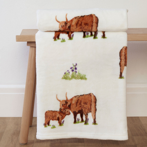 Highland Cow Family Natural Printed Fleece Throw (130cm x 150cm)