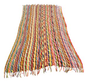 1970s Handmade Multicolor Crochet Throw Blanket With Zigzag Stripe and Fringe