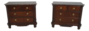Pair Hickory White Marble Top Mahogany Chest Nightstands