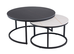 Ferrante Round Nesting Coffee Tables Set – Black & White Stone Effect with Gold Inlays