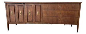 Curved Burl Walnut Credenza/Buffet Brass Hardware