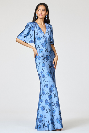 MAE BLUE FLORAL SATIN V NECK EMPIRE WAIST GOWN