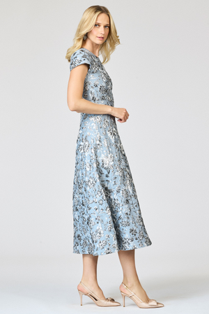 JACKIE SILVER BLUE FLORAL CAP SLEEVE FIT AND FLARE DRESS