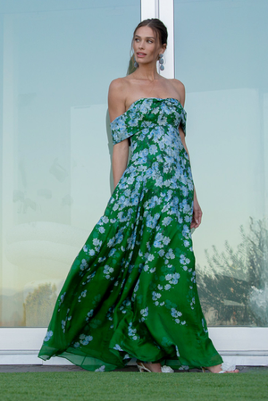 KENNEDY GREEN FLORAL OFF THE SHOULDER GOWN - FNIAL SALE