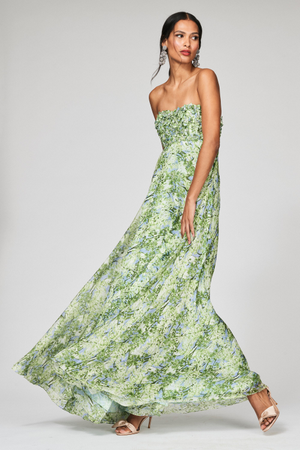 AMES GREEN FLORAL EMPIRE WAIST STRAPLESS GOWN