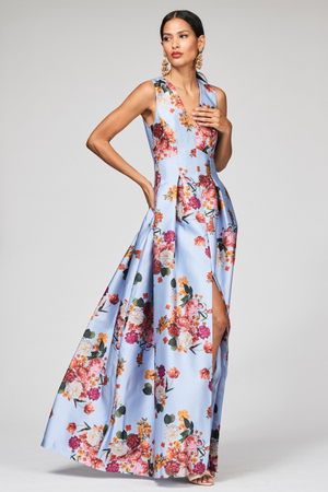 BROOKE PERIWINKLE FLORAL MIKADO V NECK BALL GOWN - FINAL SALE