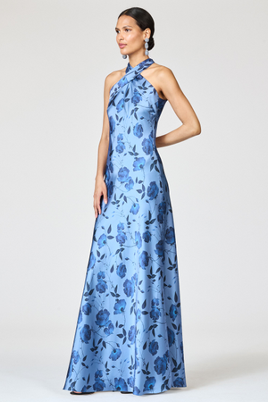 LAURANT BLUE FLORAL SATIN CREPE HALTER GOWN