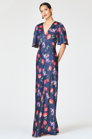 MAE MIDNIGHT BLUE FLORAL SATIN EMPIRE WAIST GOWN