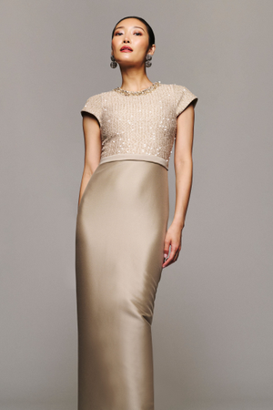 ISLA BEIGE SEQUIN TWEED MIKADO COLUMN GOWN