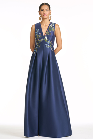 BROOKLYNNE INDIGO BLUE EMBROIDERED MIKADO BALL GOWN