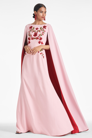 VITTORIA PINK FLORAL EMBROIDERED CAPE GOWN