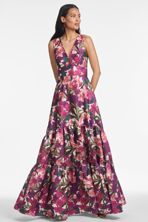 RORI PURPLE MULTI FLORAL V NECK EMPIRE WAIST GOWN - FINAL SALE