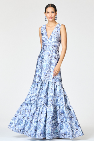 RORI BLUE FLORAL MIKADO V NECK EMPIRE WAIST GOWN - FINAL SALE