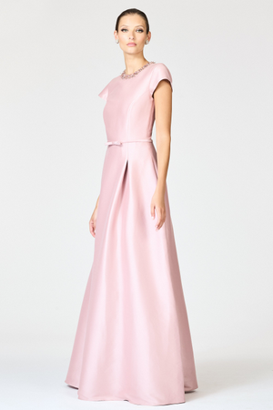 BLYTHE PINK EMBELLISHED MIKADO CAP SLEEVE BALL GOWN - FINAL SALE