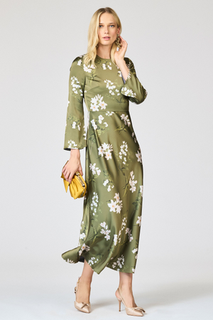TYRA GREEN FLORAL TEA LENGTH EMPIRE WAIST DRESS