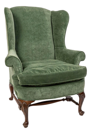1970s Custom Sage Velvet George I Style Wing Chair