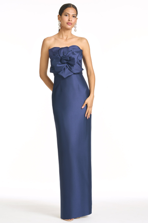 SARA NAVY BLUE MIKADO STRAPLESS COLUMN GOWN