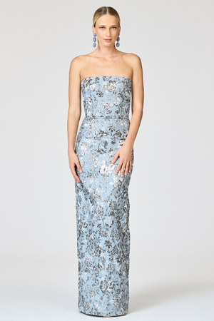 SOPHIA SILVER BLUE FLORAL COLUMN GOWN