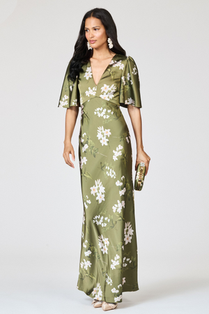 MAE GREEN FLORAL V NECK EMPIRE WAIST GOWN