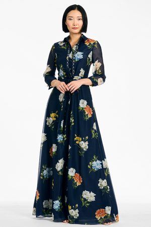 ADDISON NAVY FLORAL EMBELLISHED SHIRT DRESS GOWN