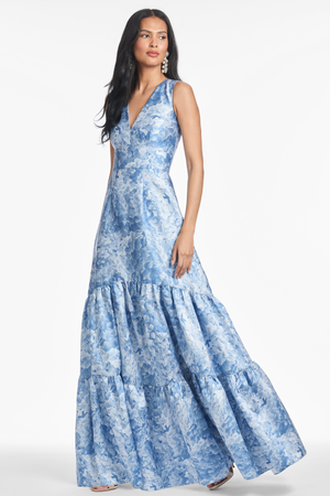 RORI SKY BLUE FLORAL V NECK EMPIRE WAIST GOWN - FINAL SALE