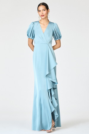 MILA SKY BLUE SATIN CREPE V NECK A-LINE GOWN