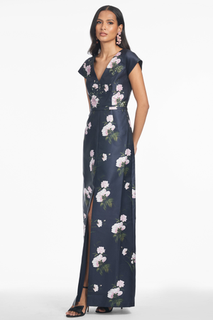 DELLA NAVY FLORAL MIKADO COLUMN GOWN - FINAL SALE