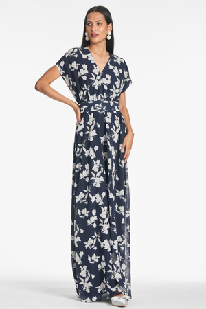 LEAH NAVY FLORAL CHIFFON MAXI GOWN - FINAL SALE