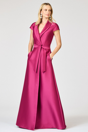 ETIENNE MAGENTA MIKADO SHORT SLEEVE A-LINE GOWN
