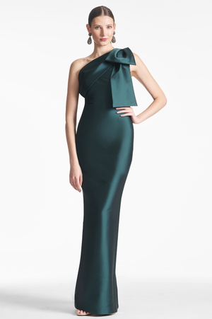 BONNIE FOREST GREEN MIKADO ONE SHOULDER COLUMN GOWN