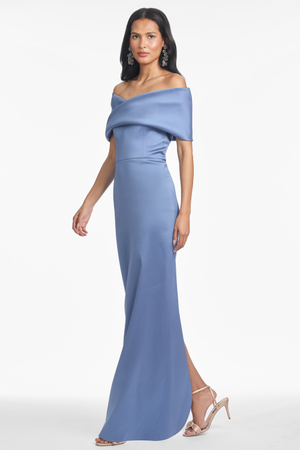 VIVECA SKY BLUE MIKADO OFF THE SHOULDER COLUMN GOWN - FINAL SALE