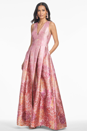 BROOKE ROSE PINK FLORAL MIKADO V NECK BALL GOWN - FINAL SALE