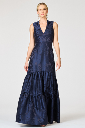 CELLA DARK BLUE FLORAL EMPIRE WAIST GOWN