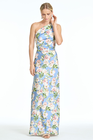 DELPHINE BLUE PINK FLORAL ONE SHOULDER A-LINE GOWN