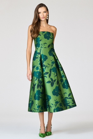 SHAY DARK GREEN FLORAL MIKADO FIT AND FLARE DRESS