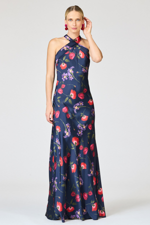 LAURANT MIDNIGHT BLUE FLORAL HALTER GOWN