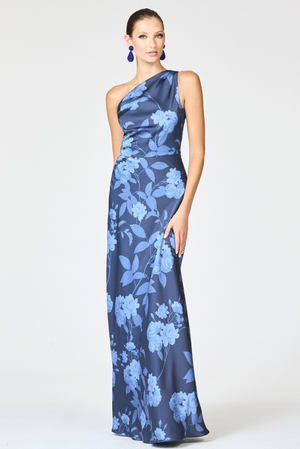 DELPHINE SLATE BLUE FLORAL ONE SHOULDER A-LINE GOWN