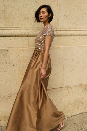 LONDON GOLD EMBELLISHED SHORT SLEEVE BALL GOWN