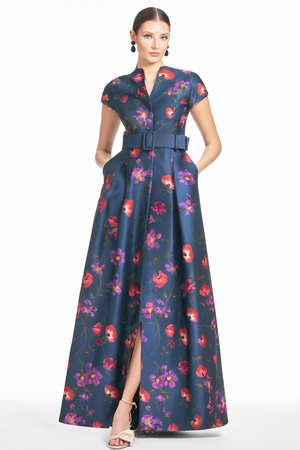 MARTA MIDNIGHT BLUE FLORAL MIKADO BALL GOWN - FINAL SALE