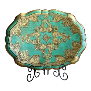 Circa 1980 Florentine Viridian Green & Antiqued Gold Gilt Decorative Tray, Italy