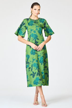 LEMIE DARK GREEN FLORAL SILK TWILL SHEATH DRESS