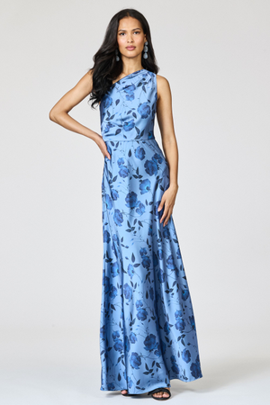DELPHINE BLUE FLORAL SATIN ONE SHOULDER A-LINE GOWN